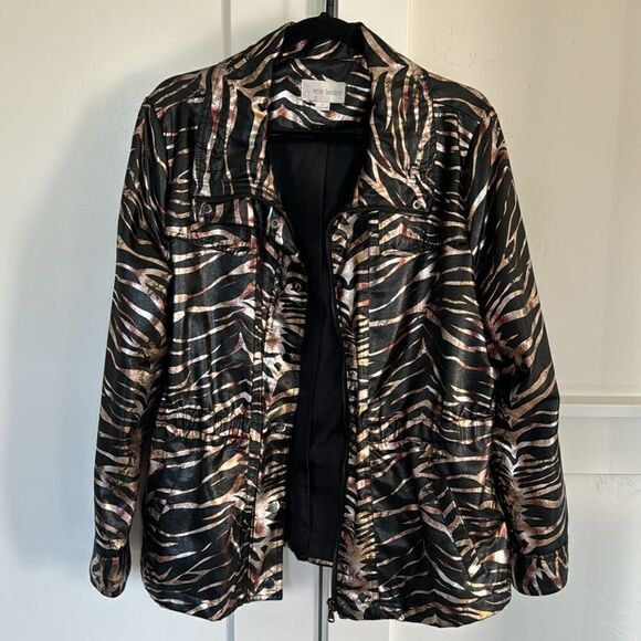 Erin London Women’s Cotton Blend Zebra Print Metallic Front Zip Up & Snap Size L - Picture 4 of 14